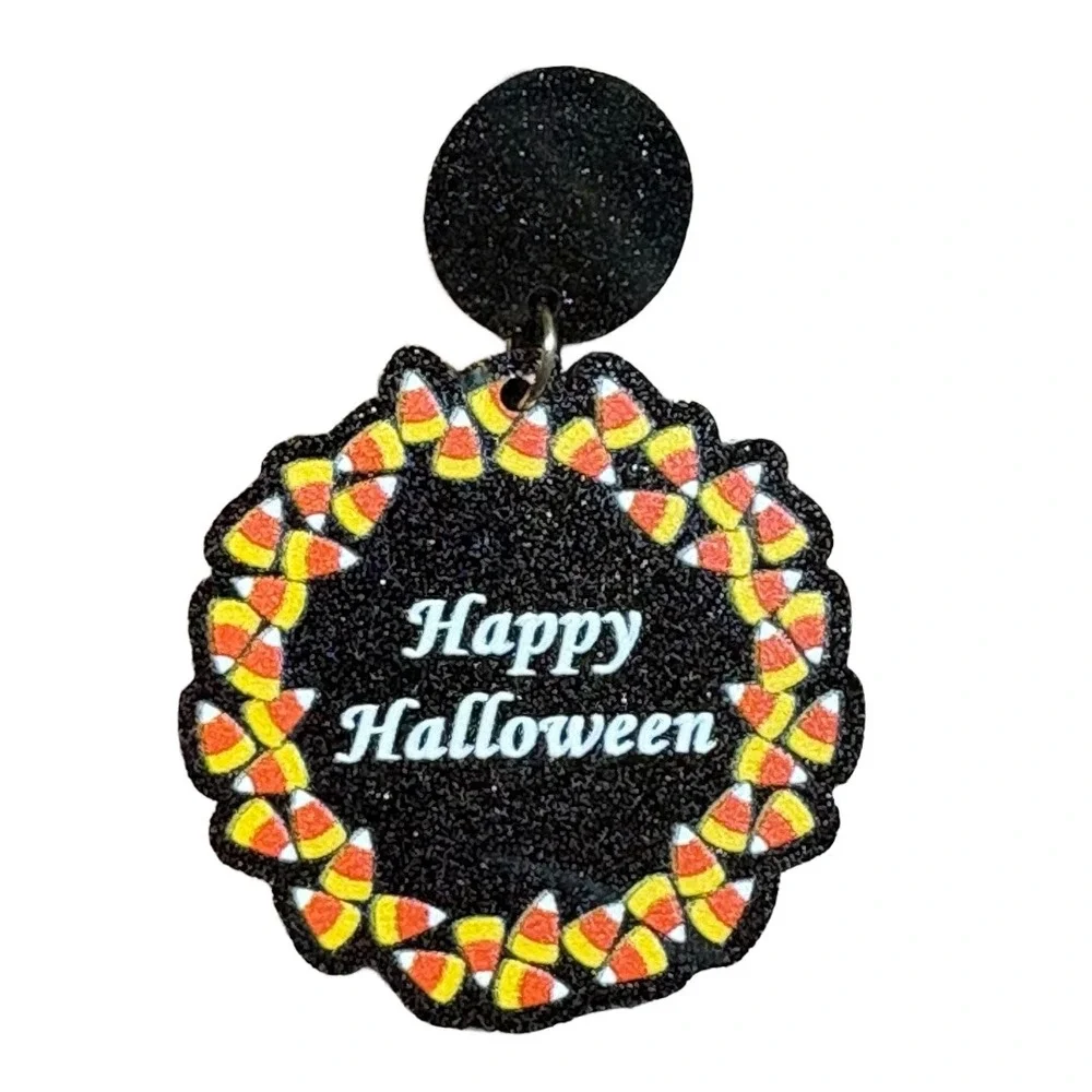 Fashion Happy Halloween Earrings Womens OS Black‎ Candy Corn Glitter Dangle Drop